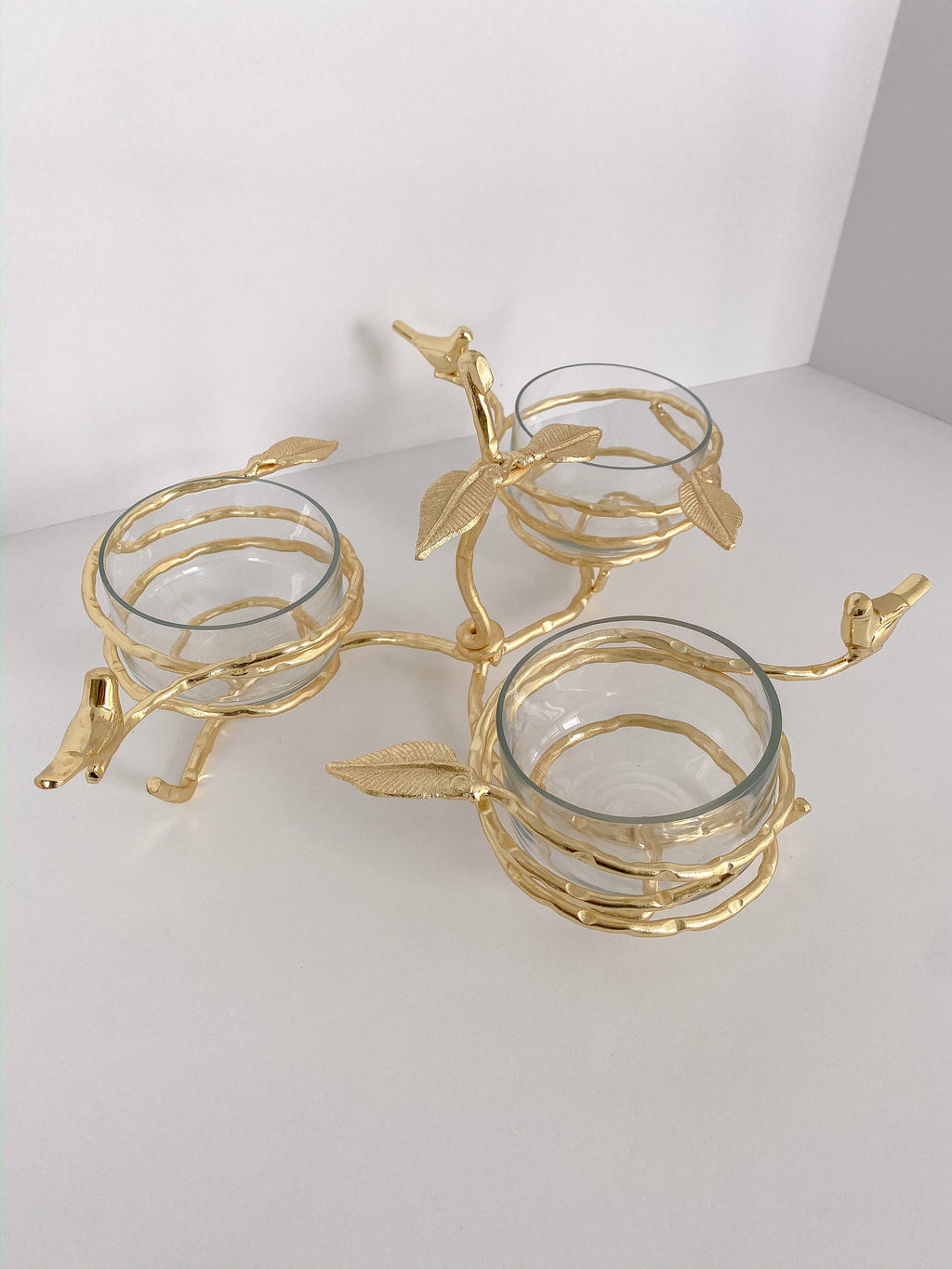 Gold Wrapped Branch Triple Dish Holder w/ Birds