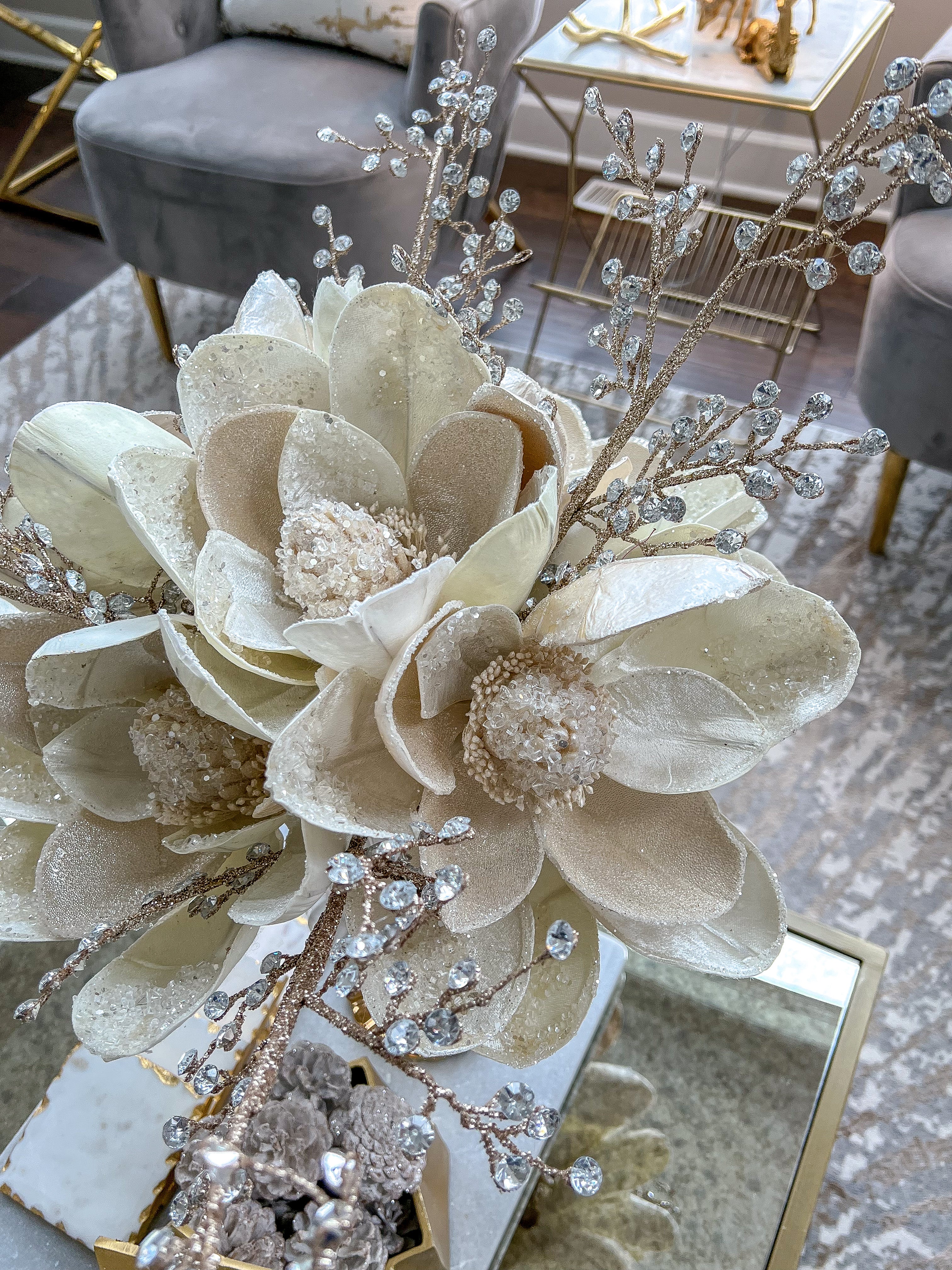 Large White Beaded Magnolia Stem-Inspire Me! Home Decor