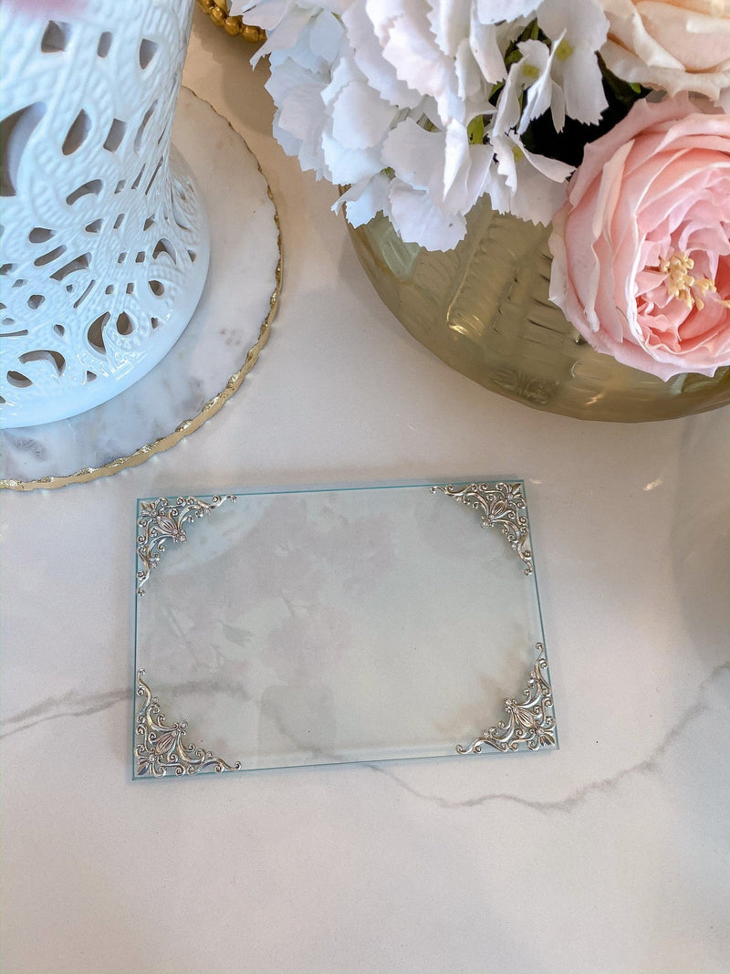 Glass Tray w/ Silver Corner Details and Swarovski Crystals-Inspire Me! Home Decor
