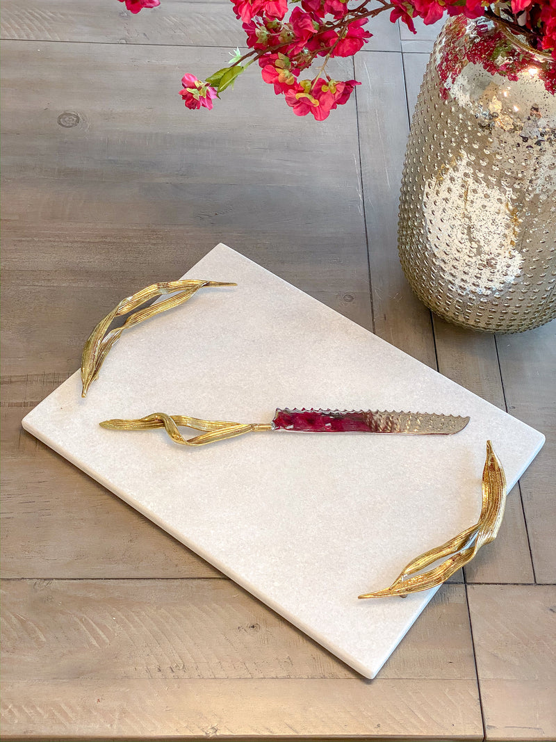 Willow Leaf Handle White Marble Tray-Inspire Me! Home Decor