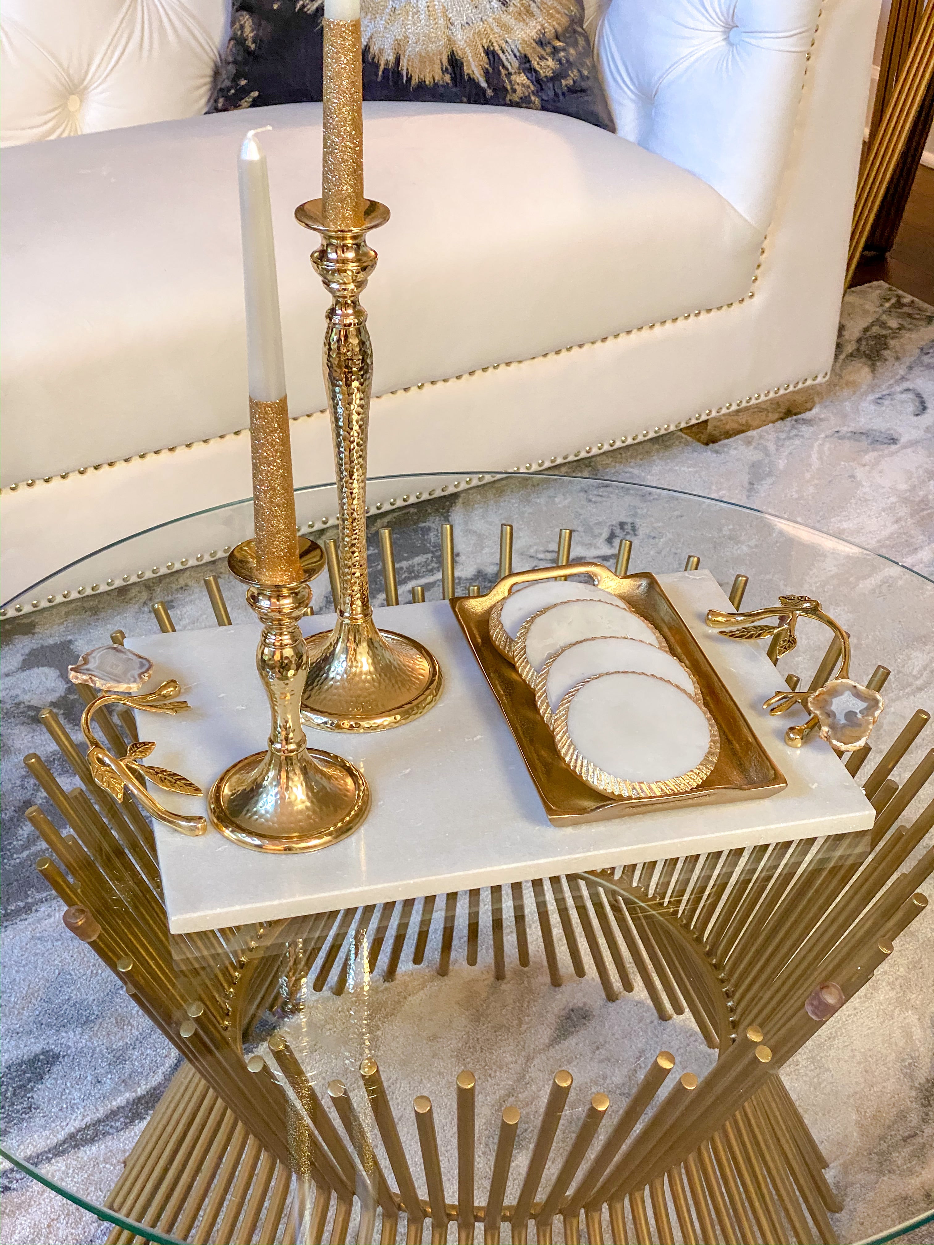 Marble Tray with Gold Agate Handles-Inspire Me! Home Decor