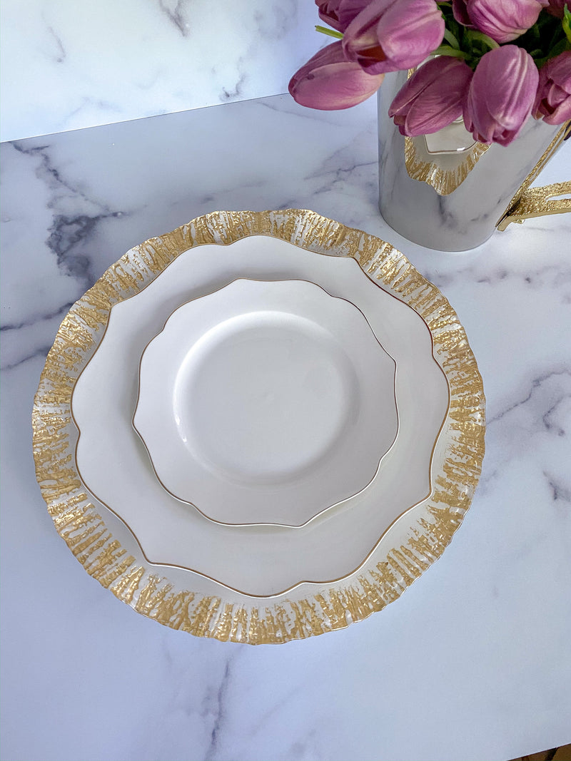 White Charger Plate with Ruffled Gold Edges-Inspire Me! Home Decor