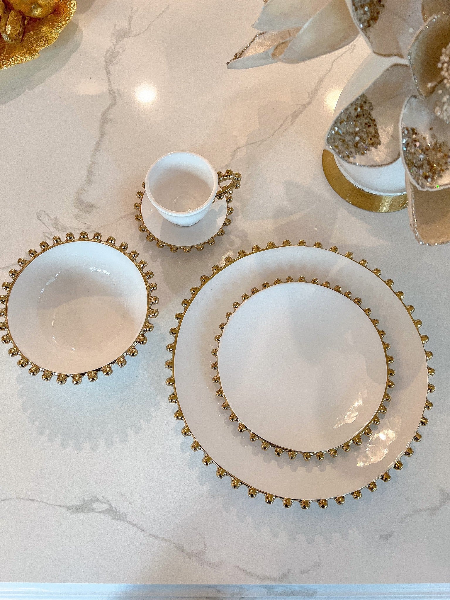 White and Gold Beaded Dinner Set-Inspire Me! Home Decor