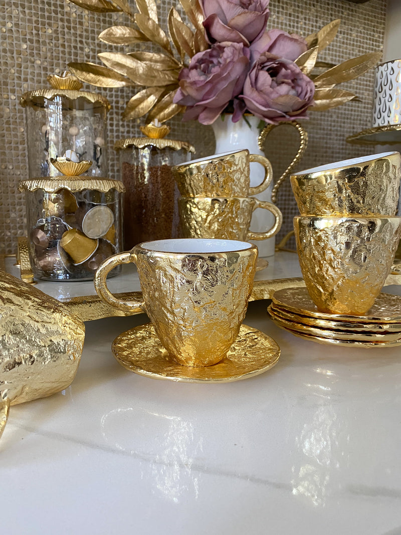 Gold Textured Tea Cup and Saucer with White Interior-Inspire Me! Home Decor