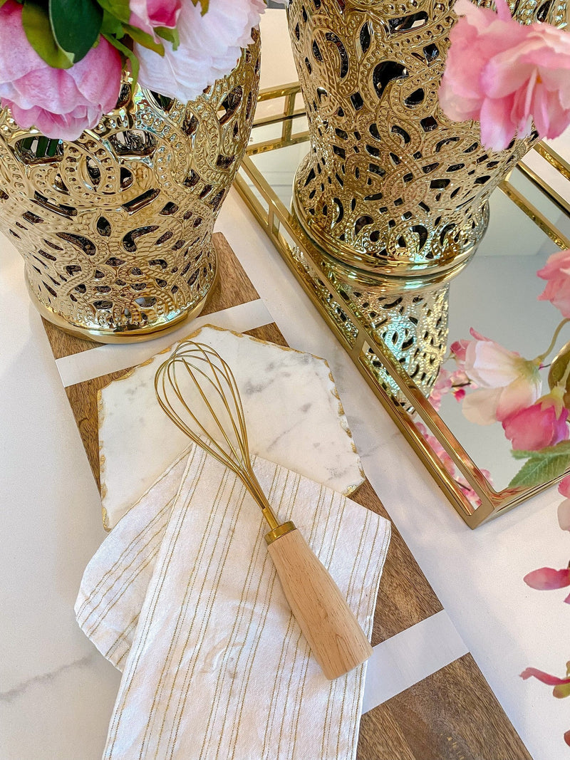 Large Gold Balloon Whisk with Marble Handle