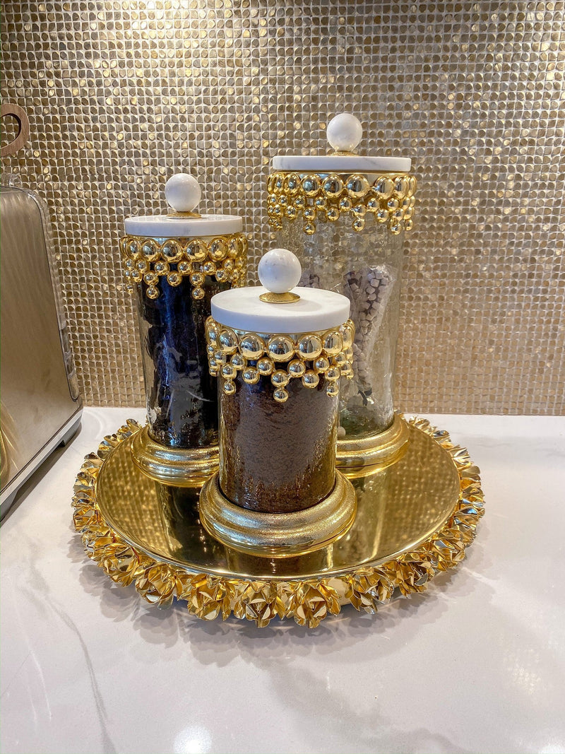 Gold Beaded Canisters w/ Marble Lid (3 sizes)-Inspire Me! Home Decor