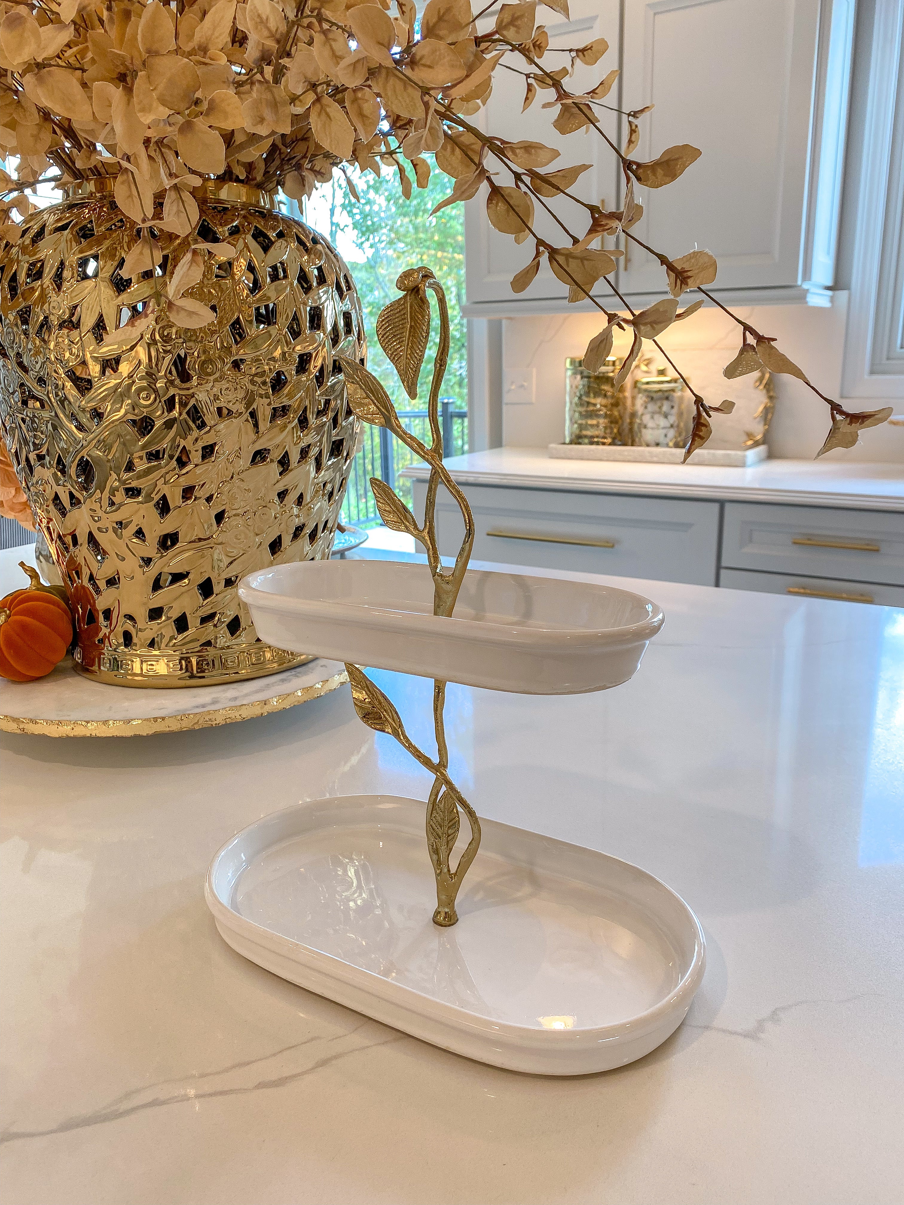 White Ceramic Cake Stand with Gold Leaf Details-Inspire Me! Home Decor