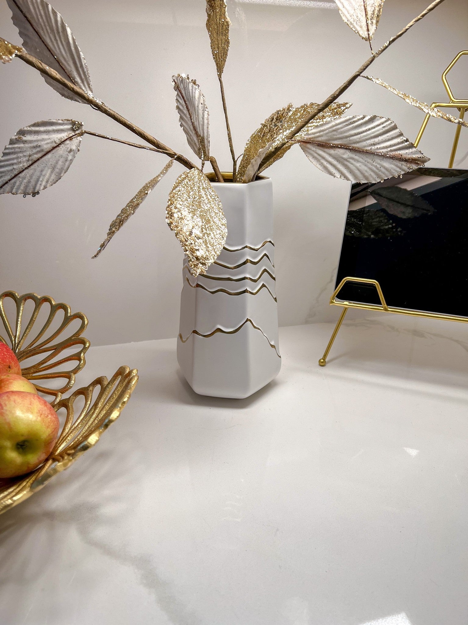 White and Gold Striped Vase-Inspire Me! Home Decor