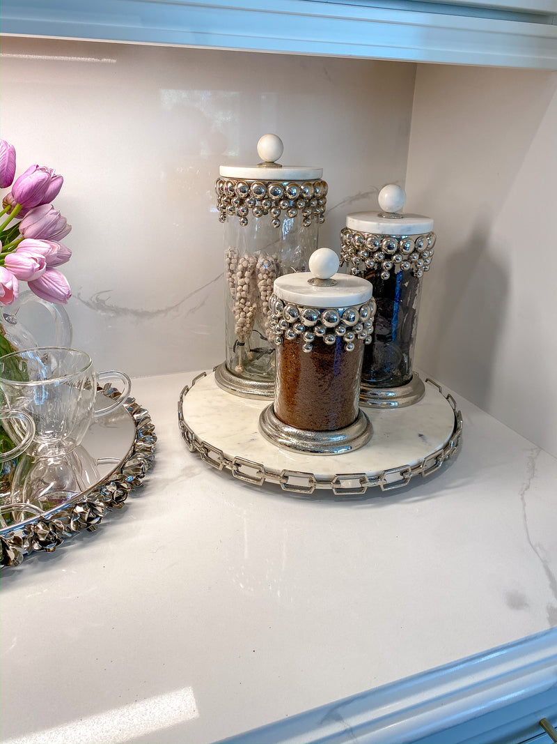 Silver Beaded Canisters w/ Marble Lid (3 sizes)-Inspire Me! Home Decor