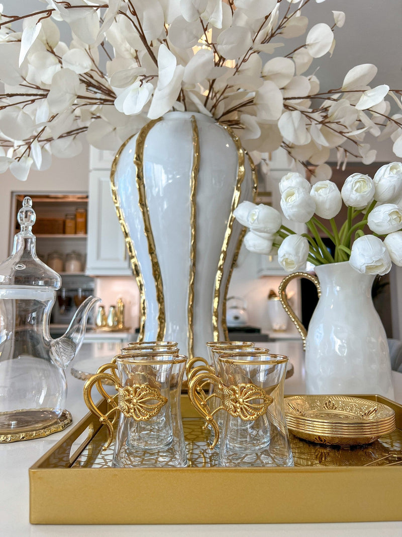 Set of 6 Glass with Gold Details Tea Cups & Saucers