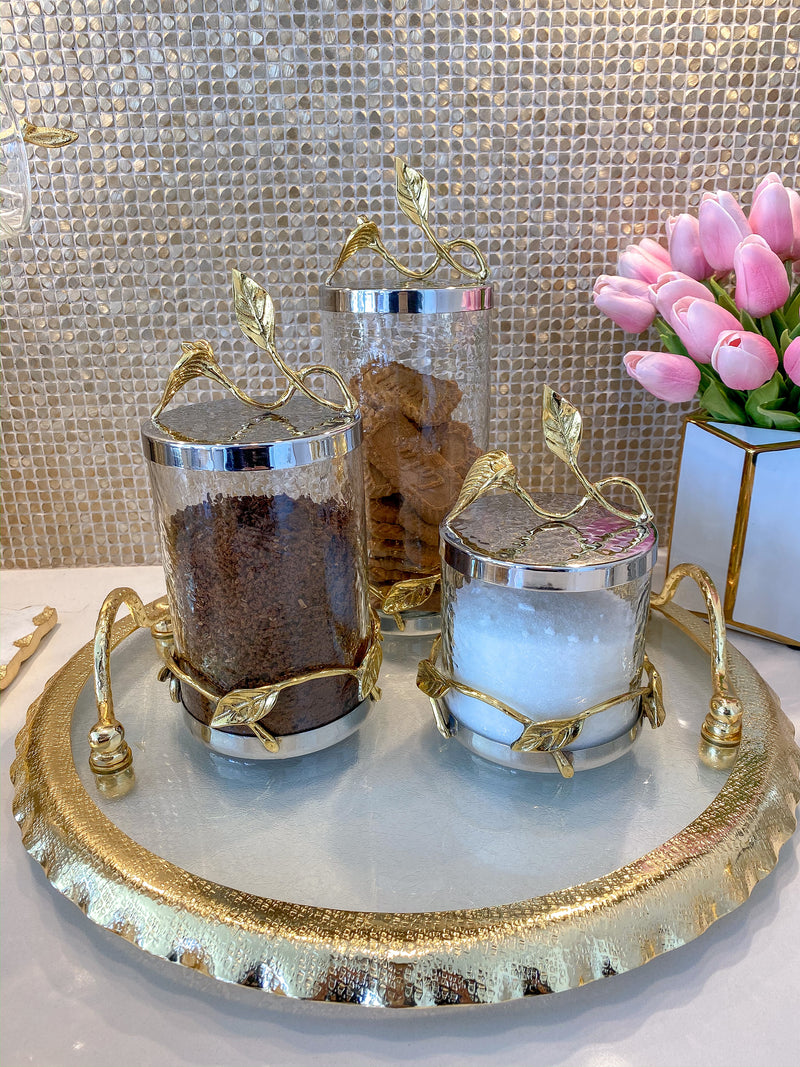 Hammered Glass Canister w/ Gold Leaf Lid (3 Sizes)-Inspire Me! Home Decor