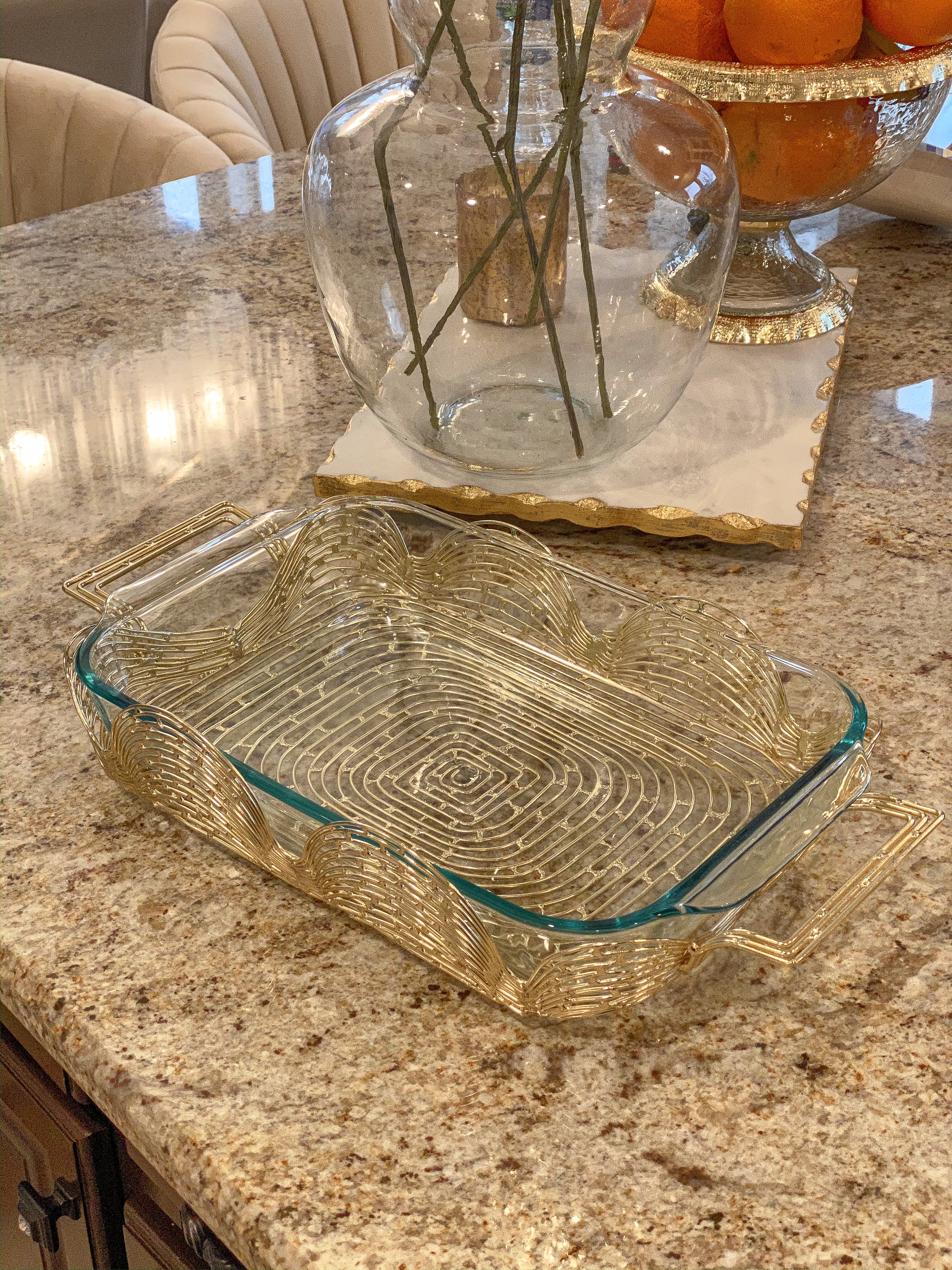 Gold Scalloped design Metal Pyrex Holder with Glass Dish-Inspire Me! Home Decor