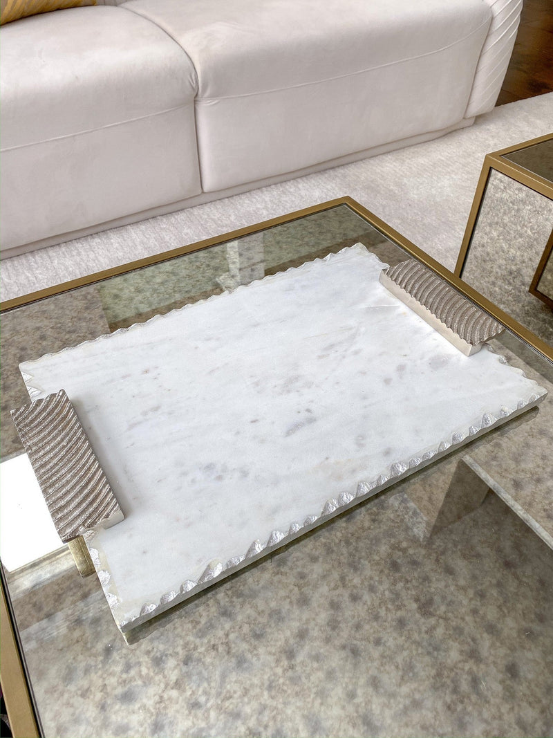 Marble Tray w/ Silver Edge and Textured Handles-Inspire Me! Home Decor