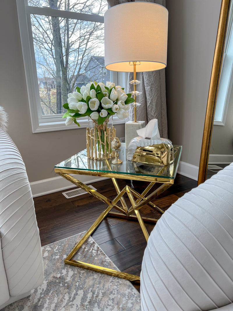 Glass Hurricane/Faux Floral Vase with Gold Twig Design (3 Sizes)