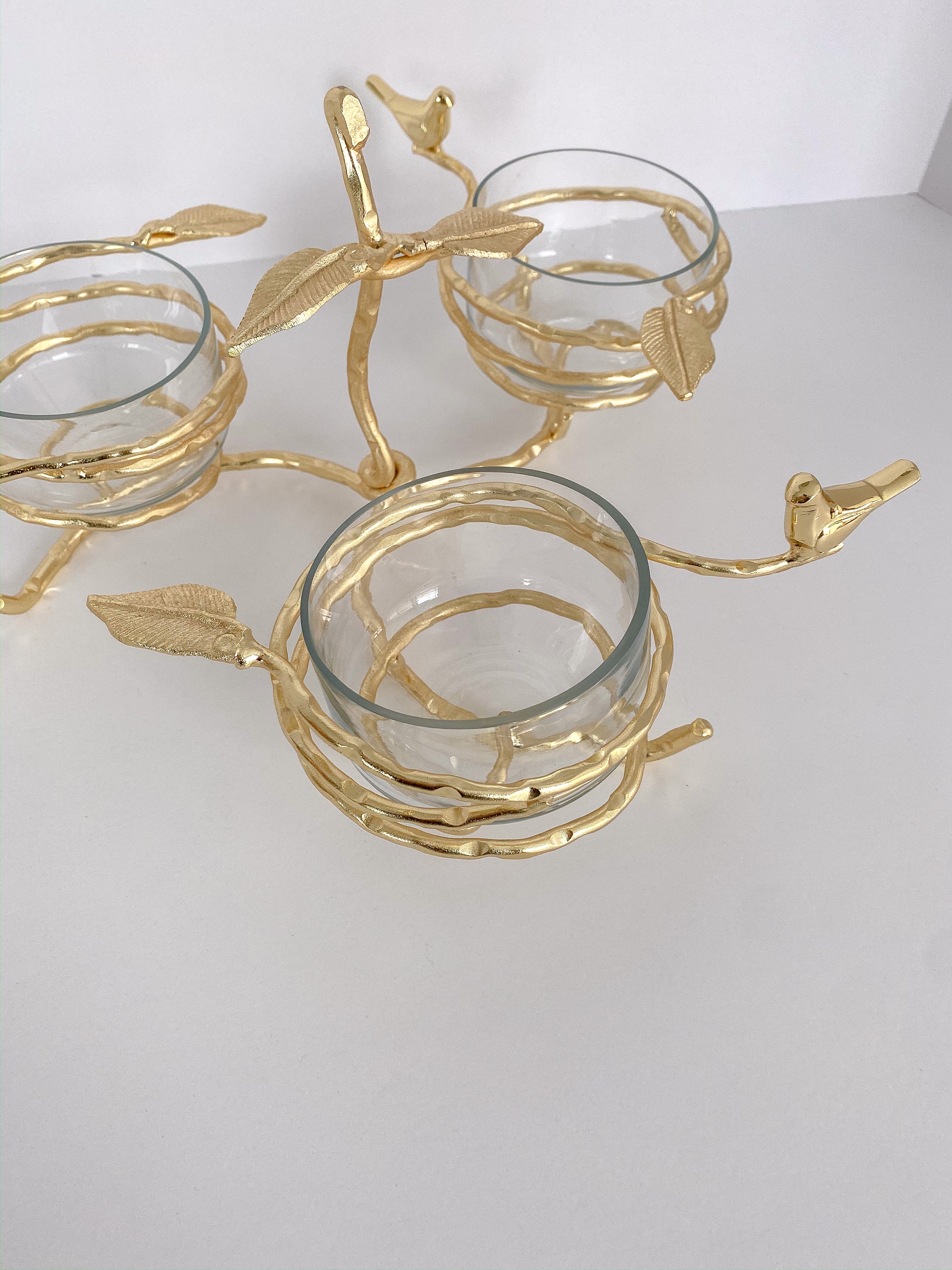 Gold Wrapped Branch Triple Candle Holder w/ Birds-Inspire Me! Home Decor