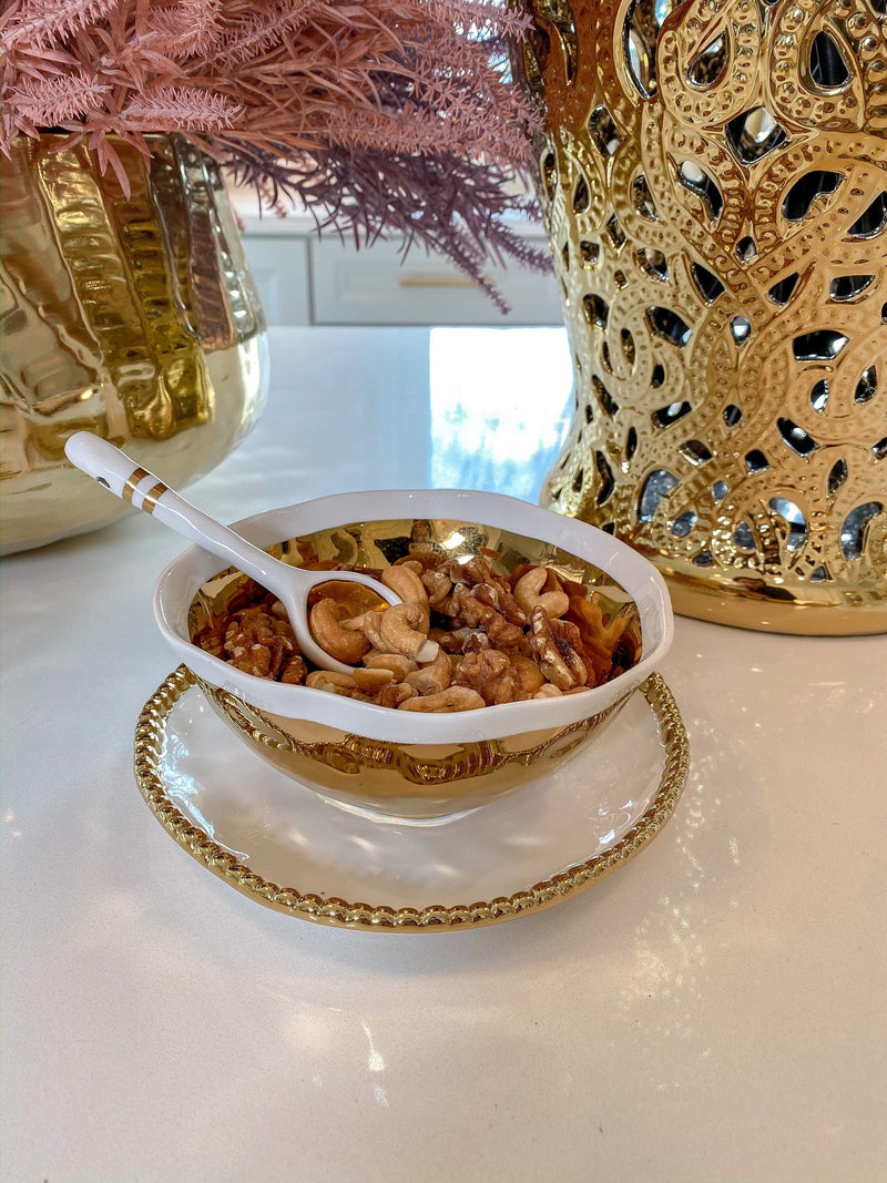 Gold and White Snack Bowl and Spoon Set-Inspire Me! Home Decor