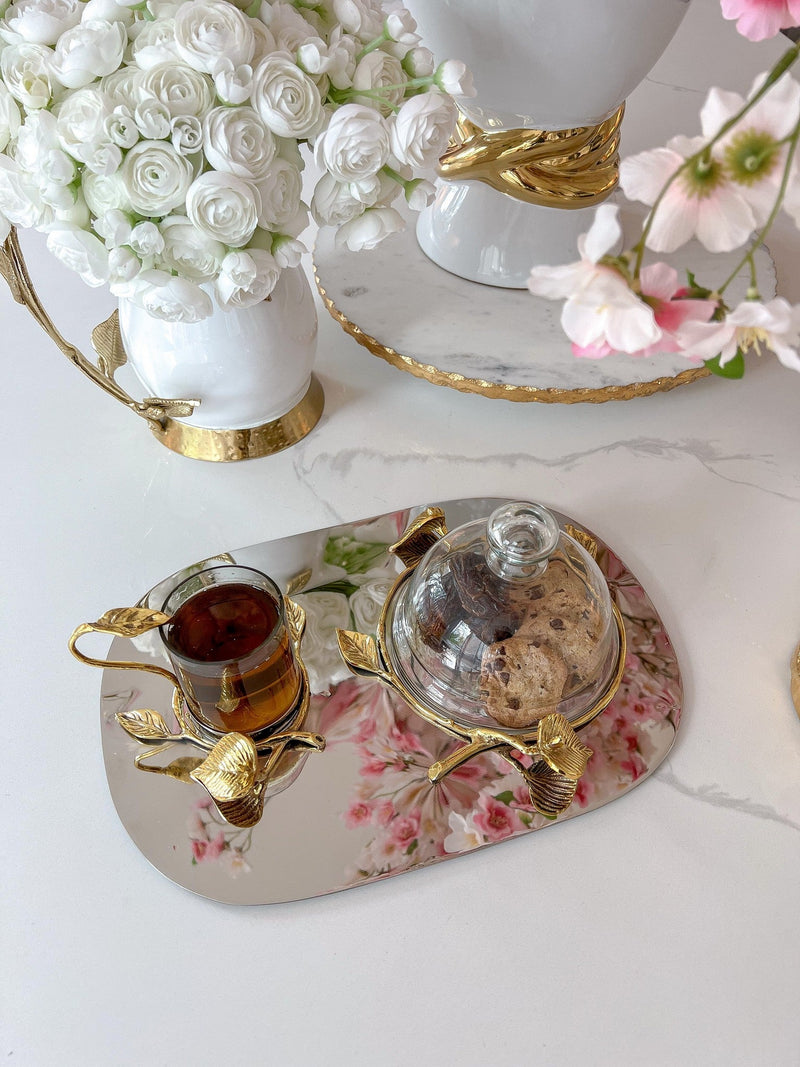 Silver Metal Oval Tray with Gold Leaf Details and a Glass Mug & Dome