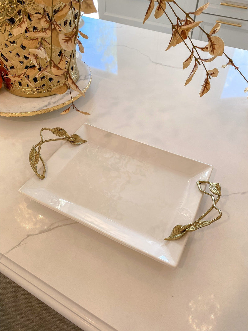 White Ceramic Tray with Gold Leaf Handles-Inspire Me! Home Decor