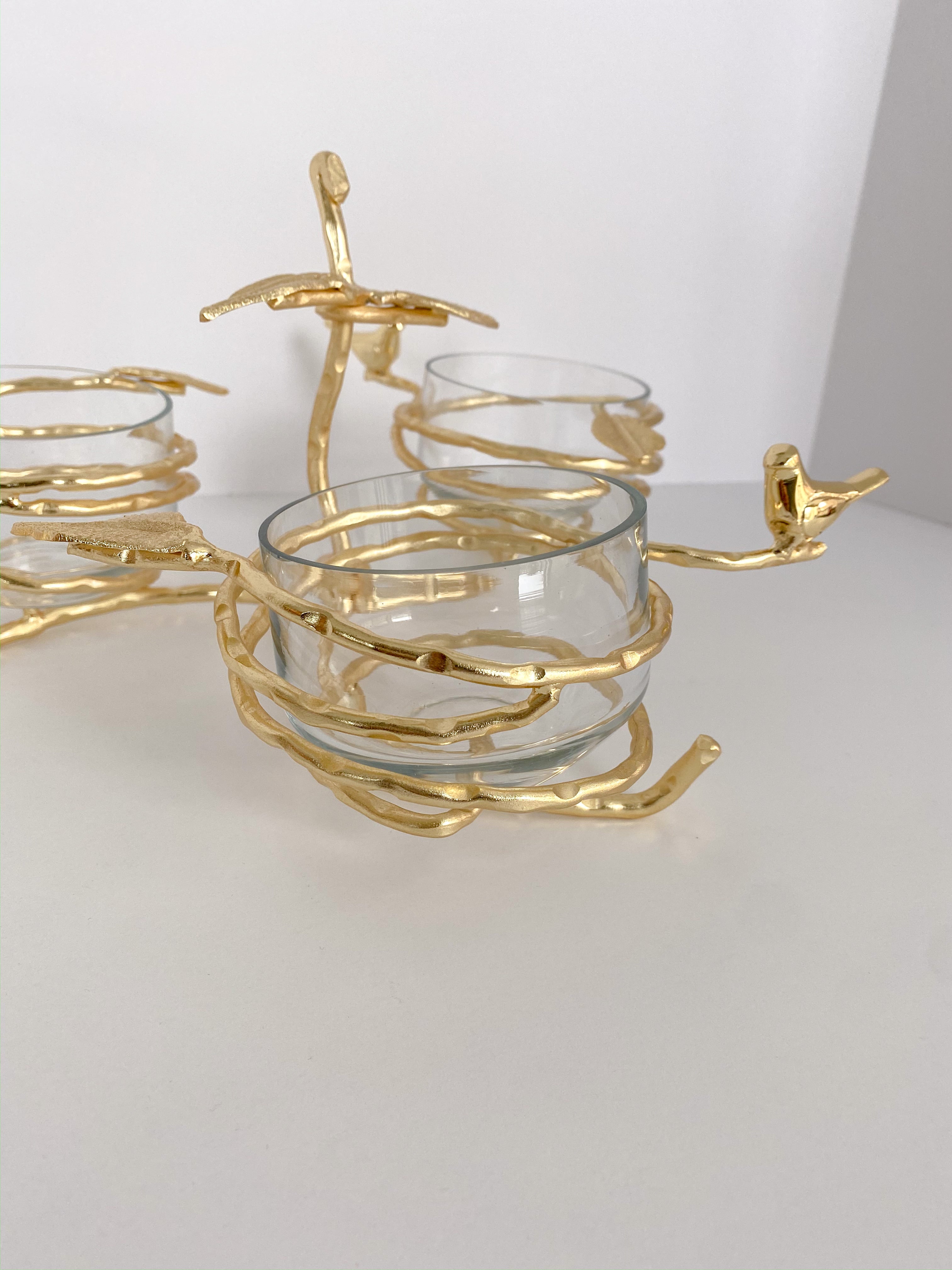 Gold Wrapped Branch Triple Candle Holder w/ Birds-Inspire Me! Home Decor