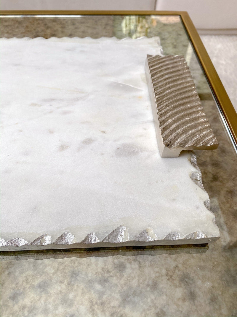 Marble Tray w/ Silver Edge and Textured Handles-Inspire Me! Home Decor