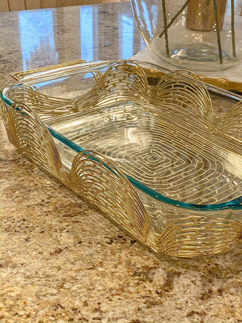 Gold Scalloped design Metal Pyrex Holder with Glass Dish-Inspire Me! Home Decor