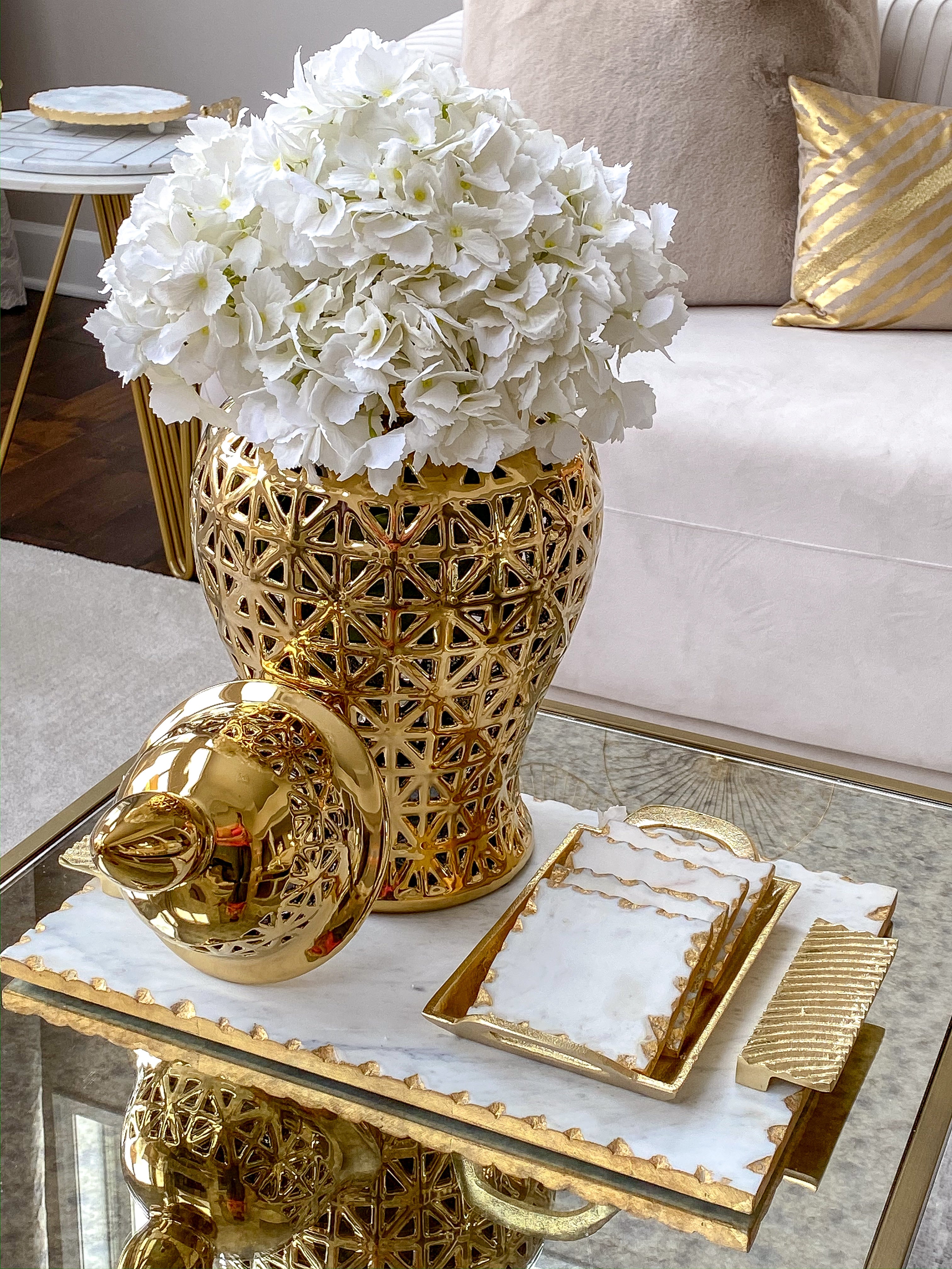 Marble Tray w/ Gold Edge and Textured Handles-Inspire Me! Home Decor