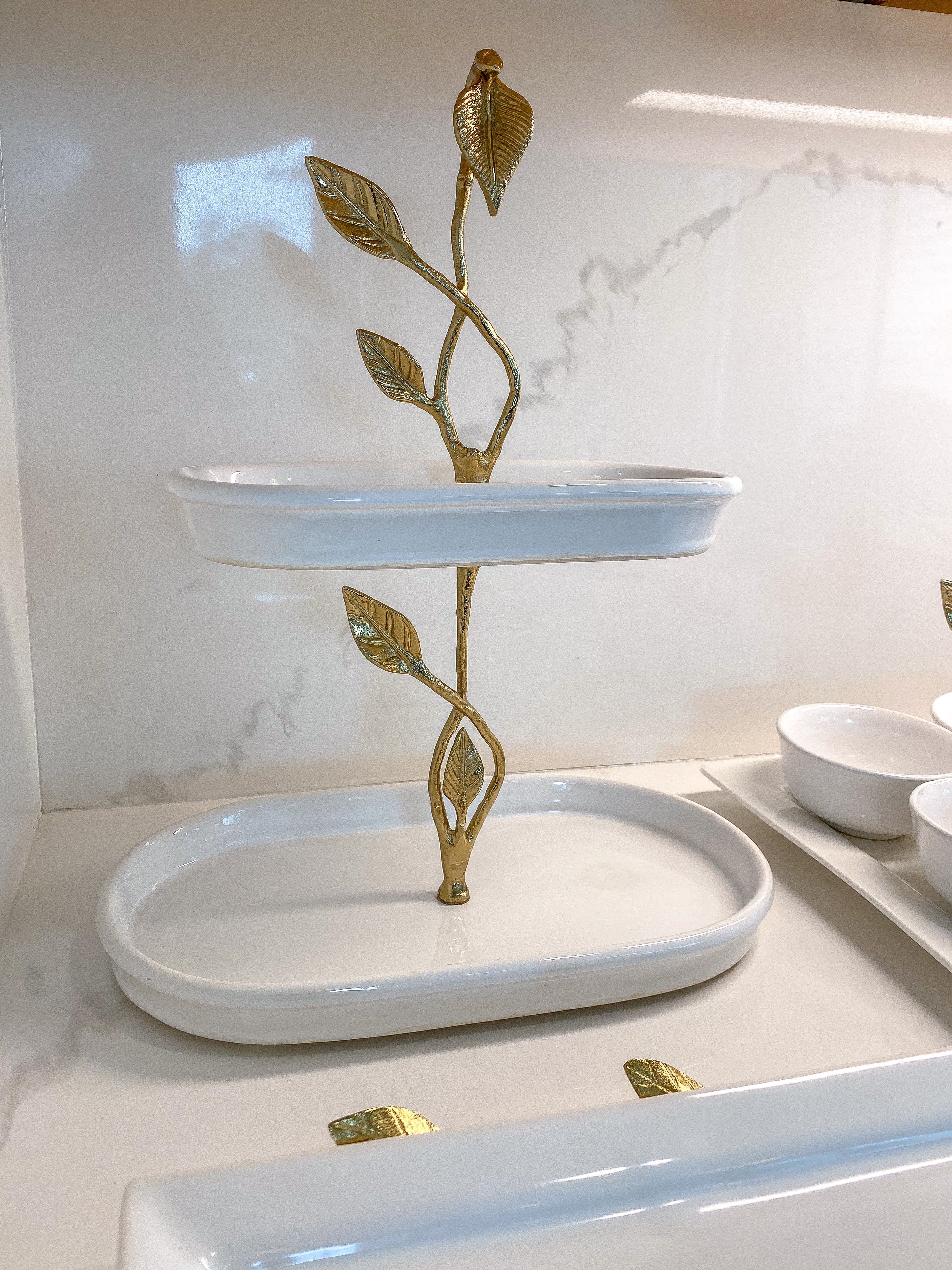 White Ceramic Cake Stand with Gold Leaf Details-Inspire Me! Home Decor