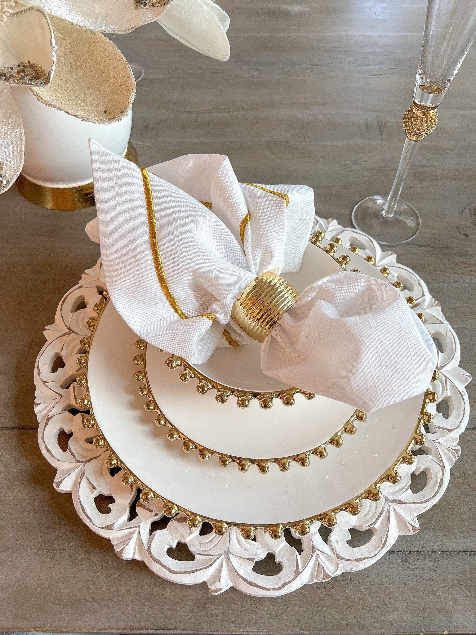 White and Gold Beaded Dinner Set-Inspire Me! Home Decor